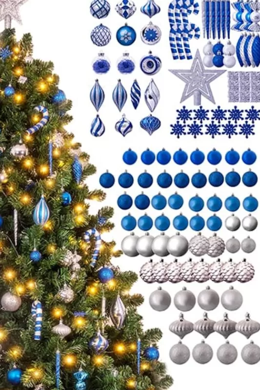 6 Foot Pre Lit Christmas Trees<Christmas Tree World The 128Pc Blue & Silver Full Heavy Coverage Bauble Set (6Ft Trees)