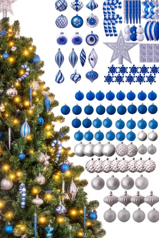 6 Foot Pre Lit Christmas Trees<Christmas Tree World The 128Pc Blue & Silver Full Heavy Coverage Bauble Set (6Ft Trees)
