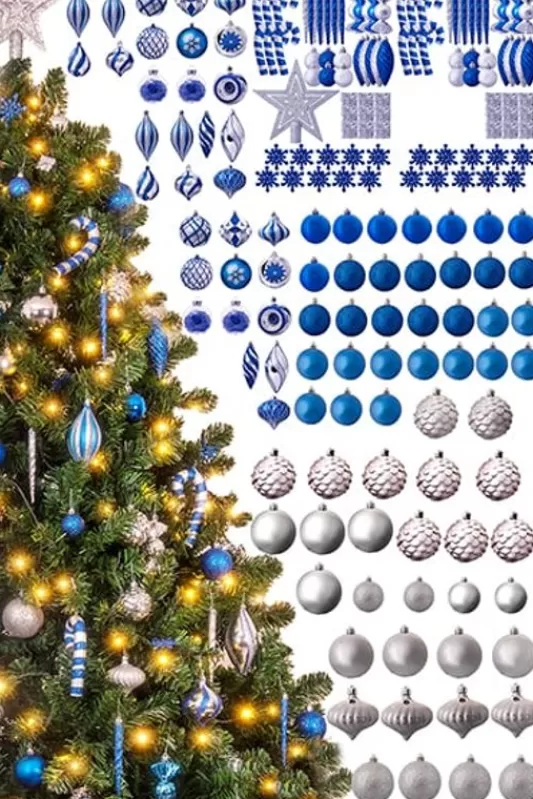 7 Foot Pre Lit Christmas Trees<Christmas Tree World The 196Pc Blue & Silver Full Heavy Coverage Bauble Set (7Ft Trees)