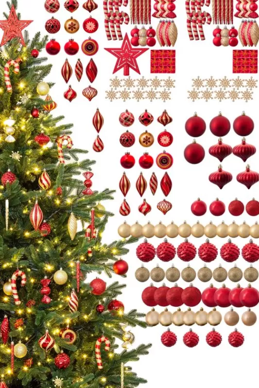 7 Foot Pre Lit Christmas Trees<Christmas Tree World The 196Pc Red & Gold Full Heavy Coverage Bauble Set (7Ft Trees)