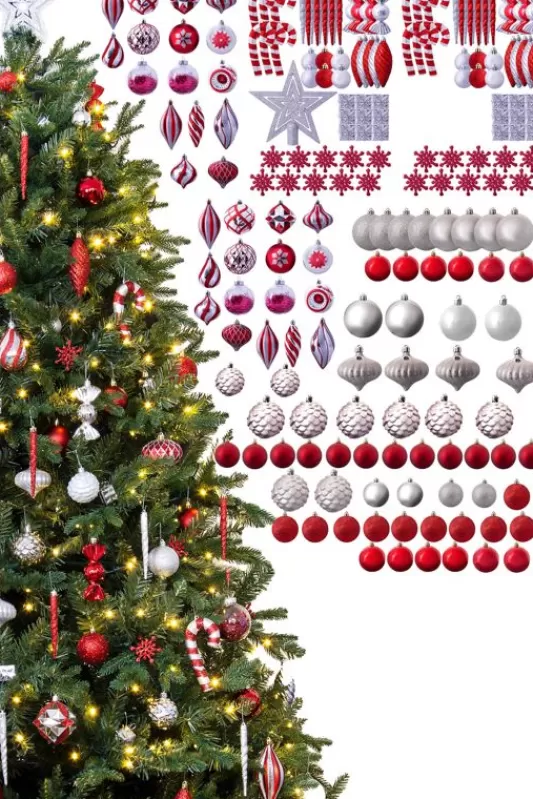 7 Foot Pre Lit Christmas Trees<Christmas Tree World The 196Pc Red & Silver Full Heavy Coverage Bauble Set (7Ft Trees)