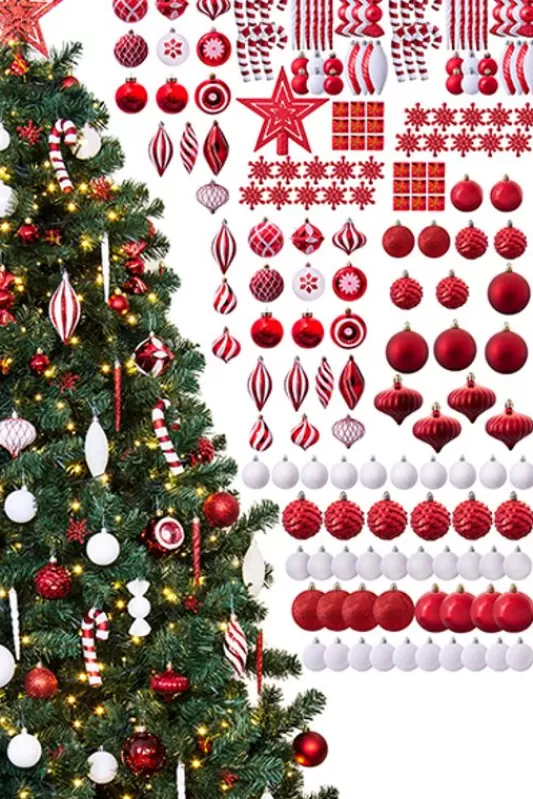 7 Foot Pre Lit Christmas Trees<Christmas Tree World The 196Pc Red & White Full Heavy Coverage Bauble Set (7Ft Trees)