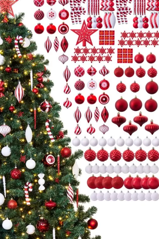 7 Foot Pre Lit Christmas Trees<Christmas Tree World The 196Pc Red & White Full Heavy Coverage Bauble Set (7Ft Trees)