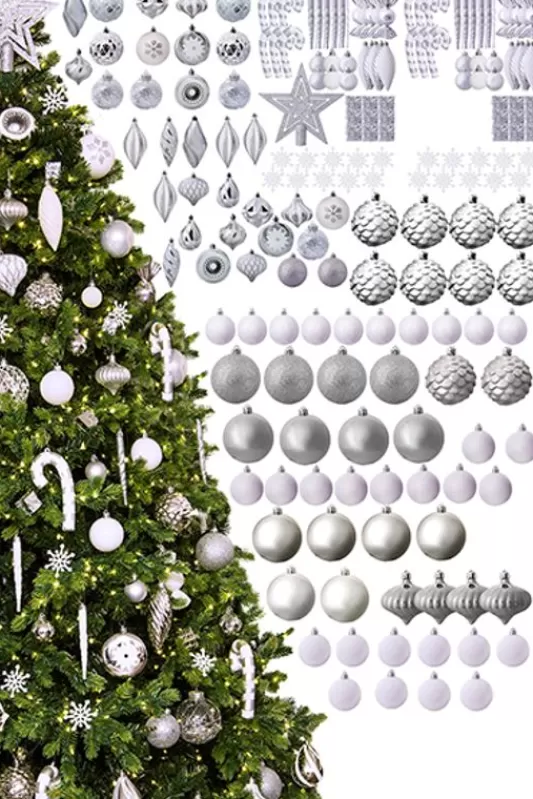 7 Foot Pre Lit Christmas Trees<Christmas Tree World The 196Pc White & Silver Full Heavy Coverage Bauble Set (7Ft Trees)