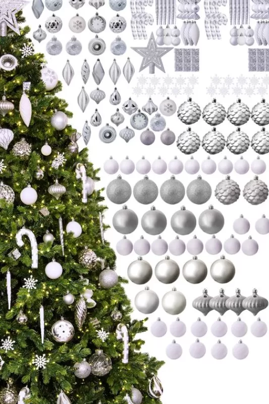 7 Foot Pre Lit Christmas Trees<Christmas Tree World The 196Pc White & Silver Full Heavy Coverage Bauble Set (7Ft Trees)