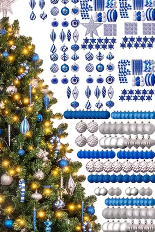 9 Foot Pre Lit Christmas Trees<Christmas Tree World The 288Pc Blue & Silver Full Heavy Coverage Bauble Set (9Ft Trees)