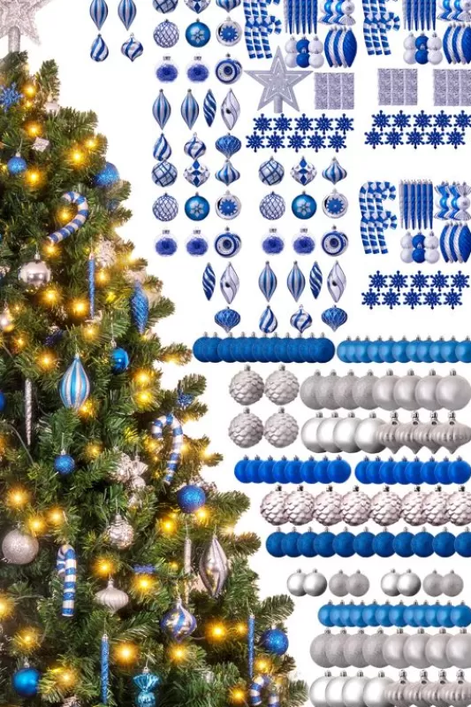 9 Foot Pre Lit Christmas Trees<Christmas Tree World The 288Pc Blue & Silver Full Heavy Coverage Bauble Set (9Ft Trees)