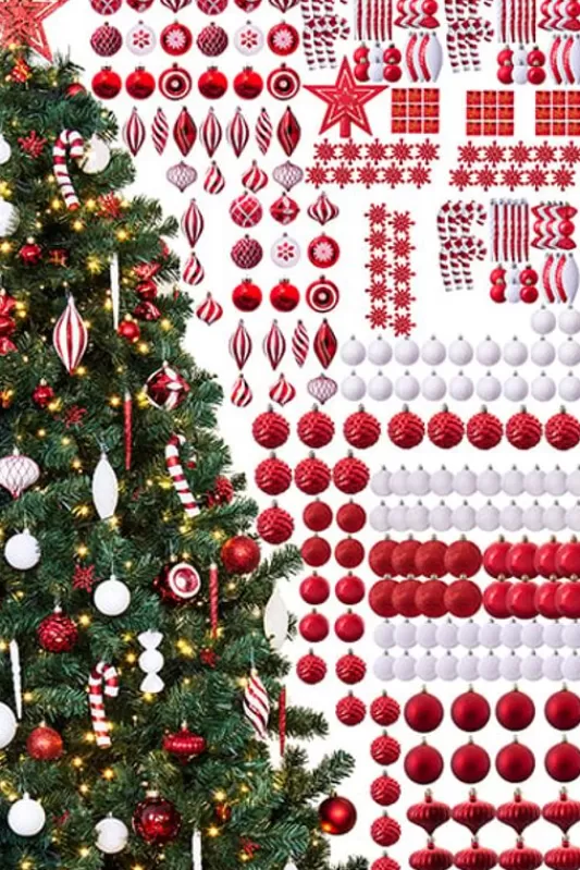 9 Foot Pre Lit Christmas Trees<Christmas Tree World The 288Pc Red & White Full Heavy Coverage Bauble Set (9Ft Trees)