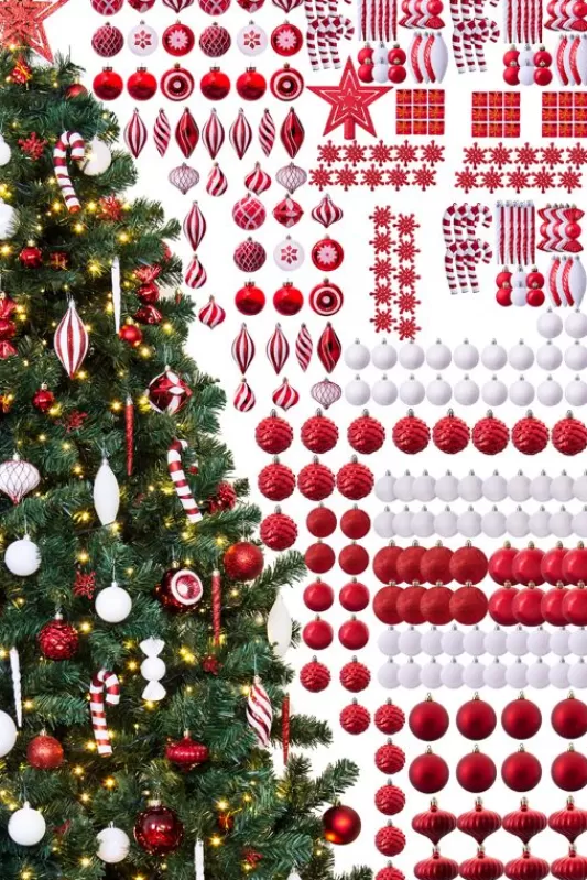 9 Foot Pre Lit Christmas Trees<Christmas Tree World The 288Pc Red & White Full Heavy Coverage Bauble Set (9Ft Trees)