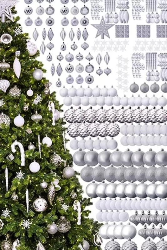9 Foot Pre Lit Christmas Trees<Christmas Tree World The 288Pc White & Silver Full Heavy Coverage Bauble Set (9Ft Trees)