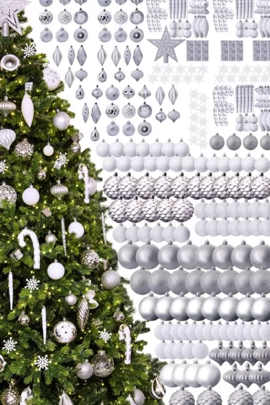 9 Foot Pre Lit Christmas Trees<Christmas Tree World The 288Pc White & Silver Full Heavy Coverage Bauble Set (9Ft Trees)